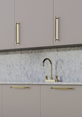 Møbelgreb med monteringsplade og mønster i messing